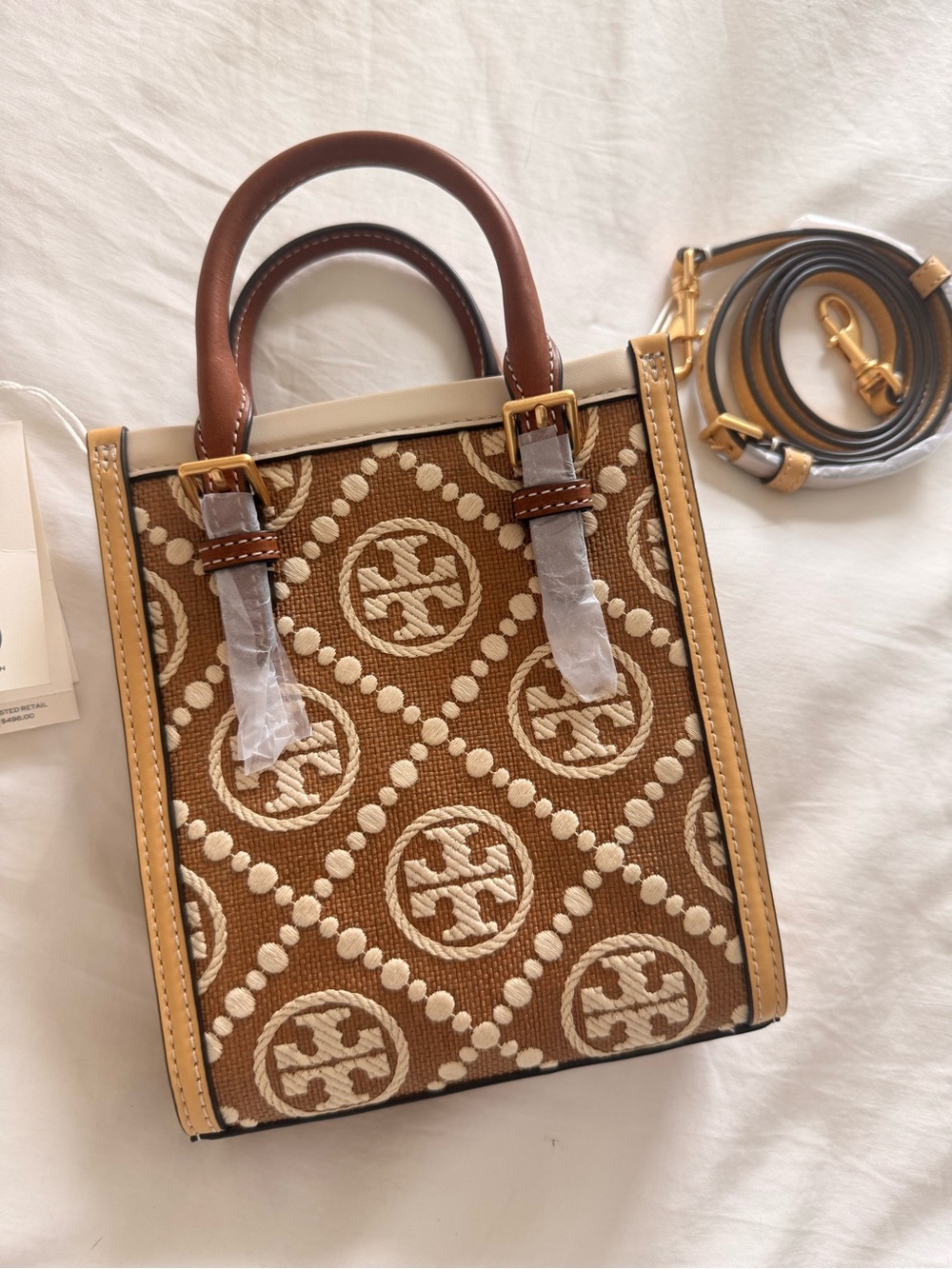 Tory Burch Mini T Monogram Embroidered Raffia Tote